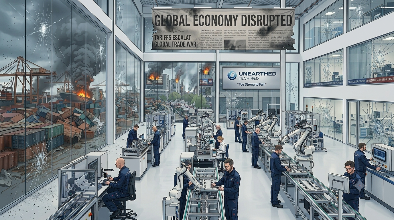 A thriving R&D manufacturing floor at full strength while, through the glass, the global economy is disrupted by tariffs and war